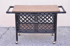 Vintage Mid-Century Modern Black Bamboo Rattan Tiki Rolling Bar Cart Server
