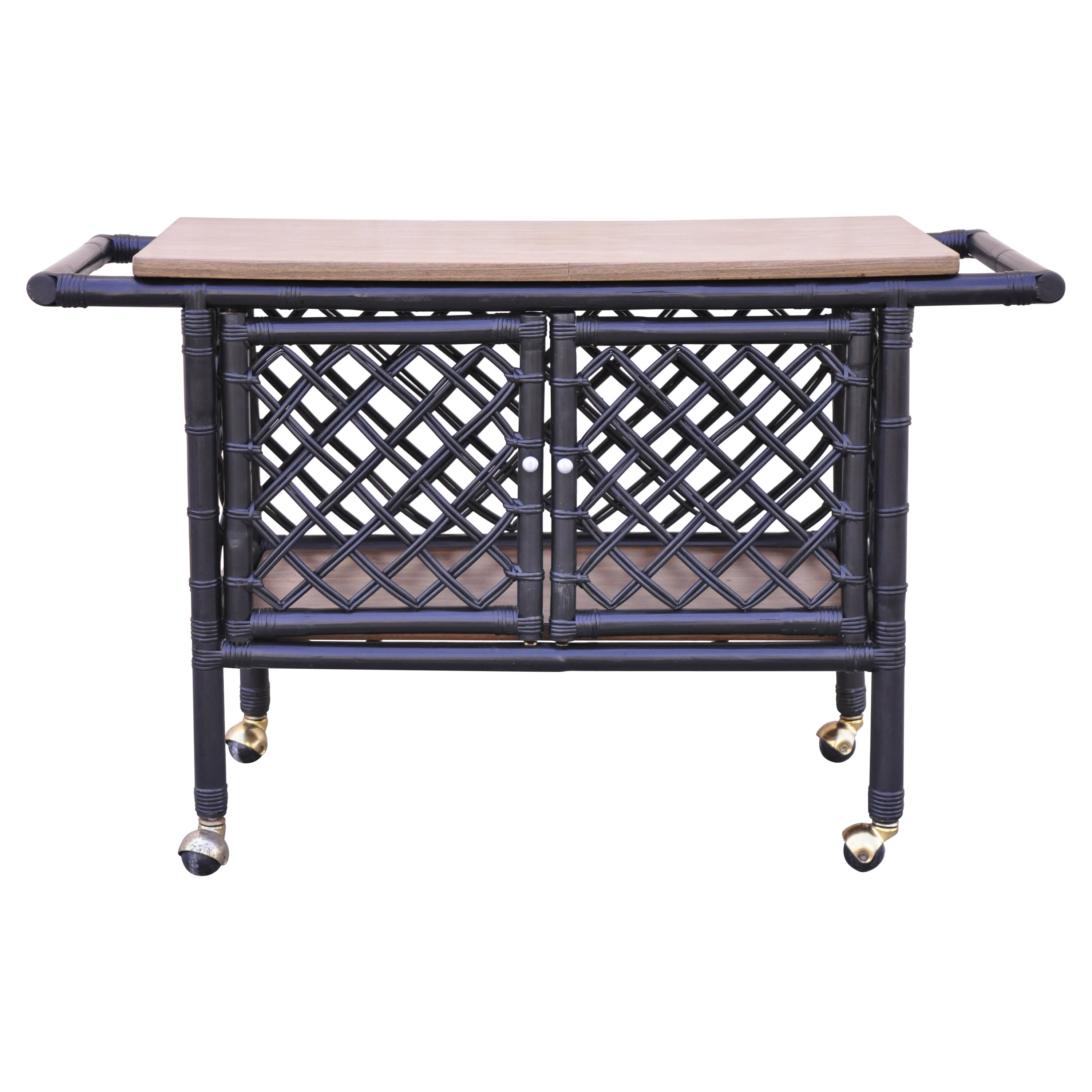 Vintage Mid-Century Modern Black Bamboo Rattan Tiki Rolling Bar Cart Server
