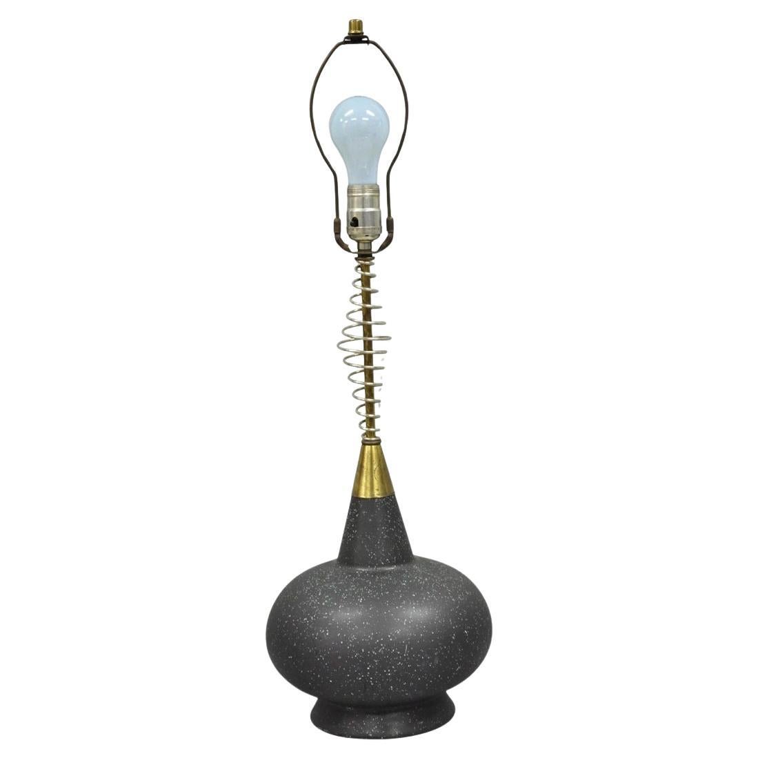 Vintage Mid Century Modern Black Bulbous Ceramic Pottery Table Lamp w/ Spring