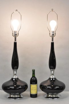 Vintage Mid Century Modern Black Glazed Ceramic & Chrome Table Lamps - a Pair