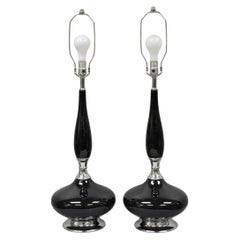 Vintage Mid Century Modern Black Glazed Ceramic & Chrome Table Lamps - a Pair