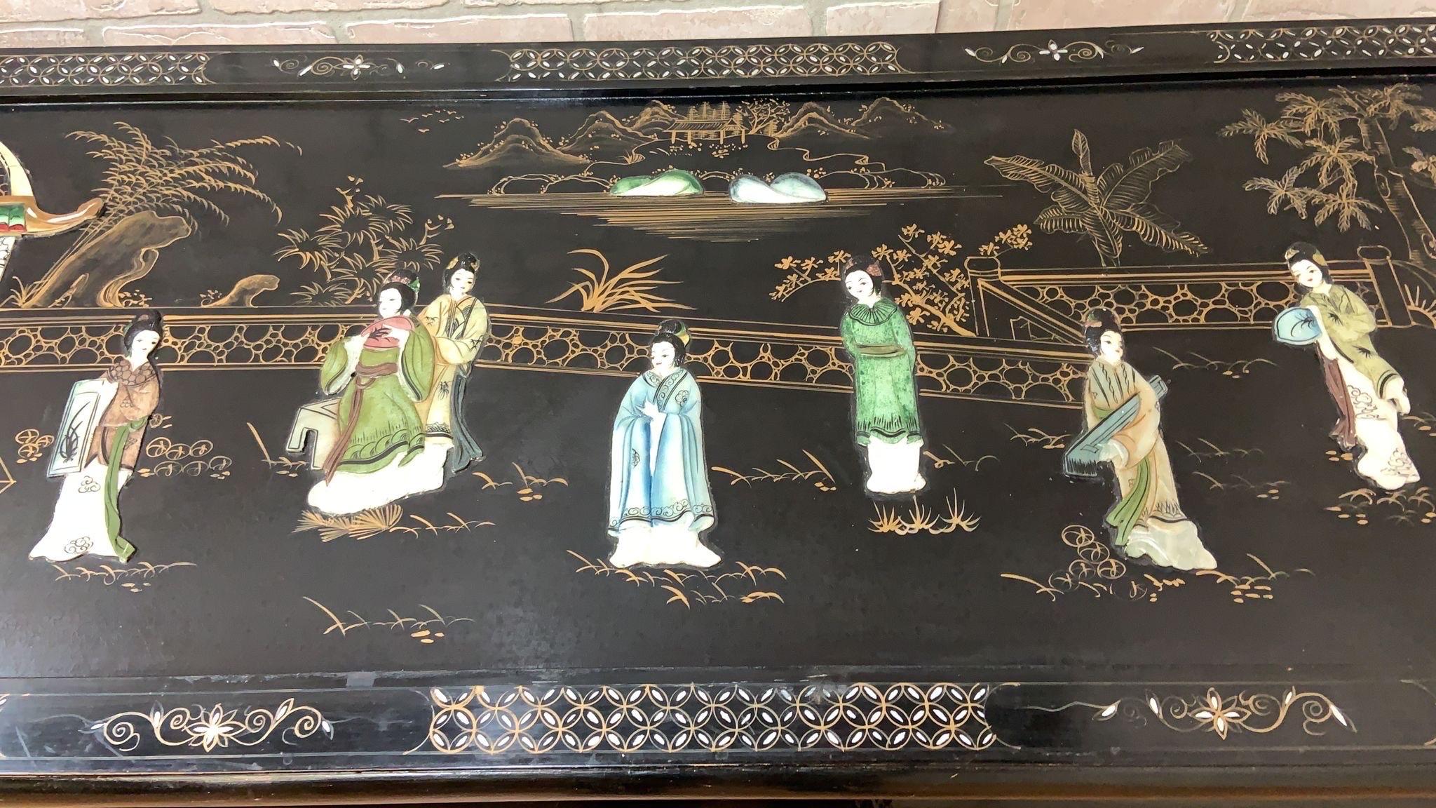 Unknown Vintage Mid Century Modern Black Lacquer Chinoiserie Coffee Table For Sale
