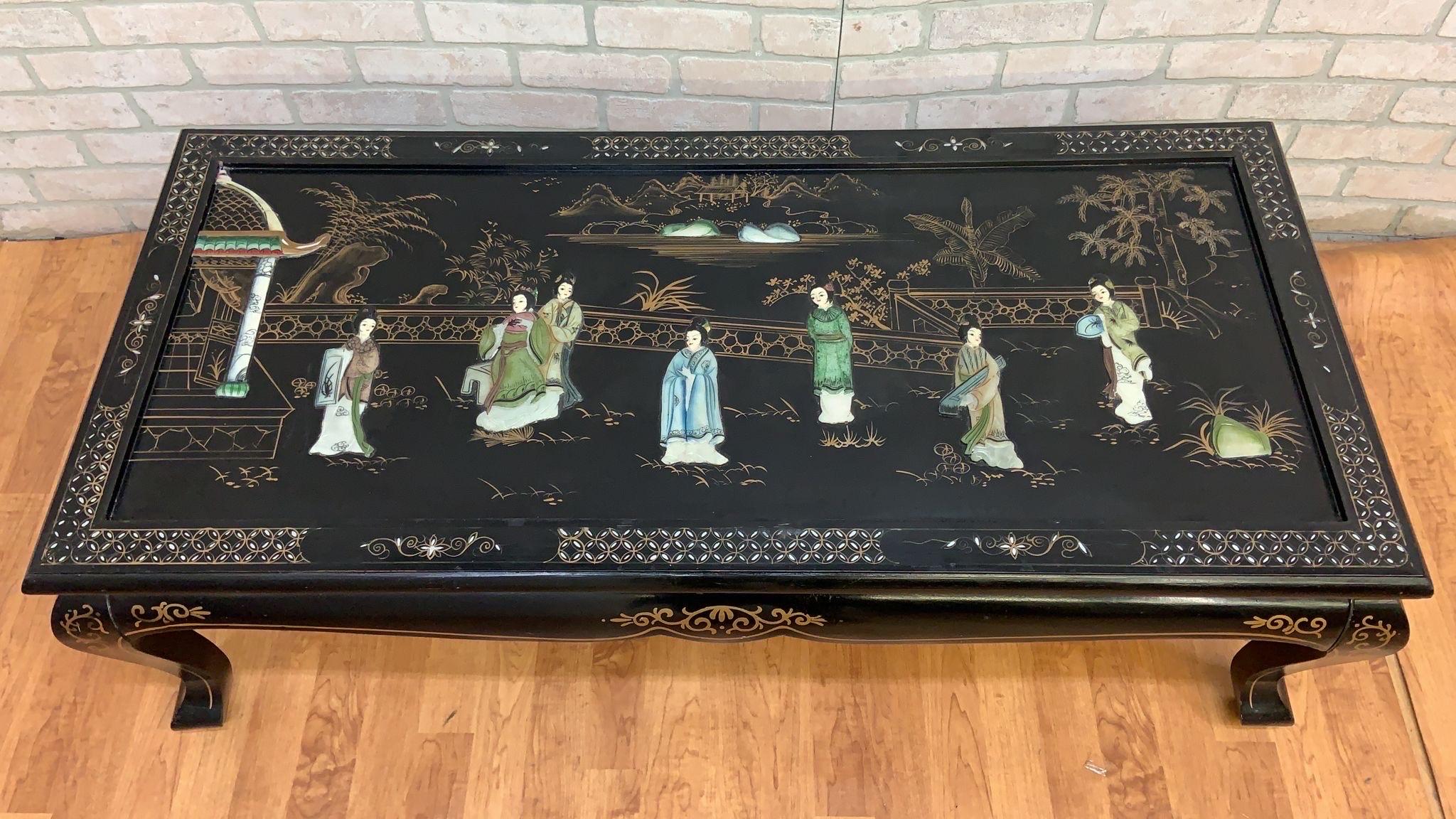 Hand-Painted Vintage Mid Century Modern Black Lacquer Chinoiserie Coffee Table For Sale