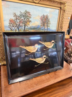 Vintage Mid-Century Modern Black Lacquer Tray with Hand-Painted Shorebirds 1950s