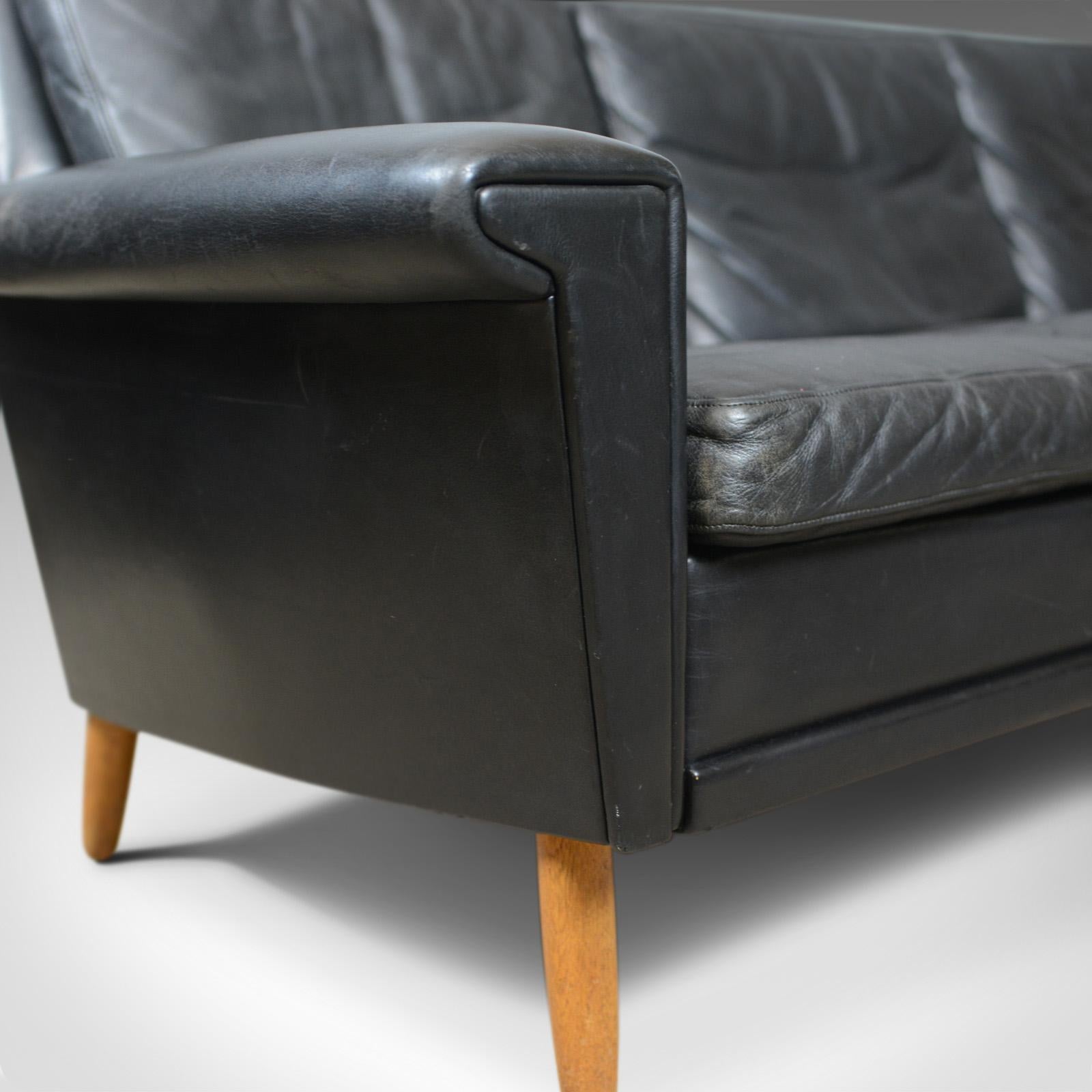 Vintage Mid-Century Modern Black Leather Sofa, Danish, Three-Seat, circa 1970 2