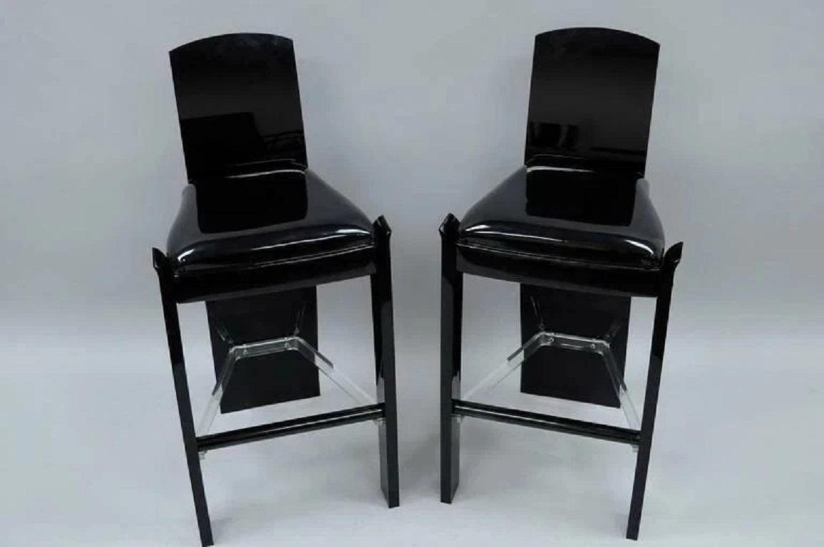 Vintage Mid Century Modern Black Lucite Sculptural Bar Stool Chair by Hill, Pair For Sale 1