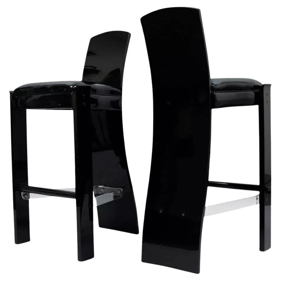 Vintage Mid Century Modern Black Lucite Sculptural Bar Stool Chair by Hill, Pair For Sale