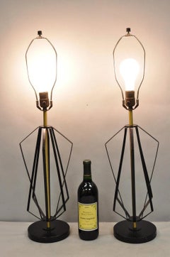 Vintage Mid Century Modern Black Metal & Brass Geometric Helix Table Lamps Pair