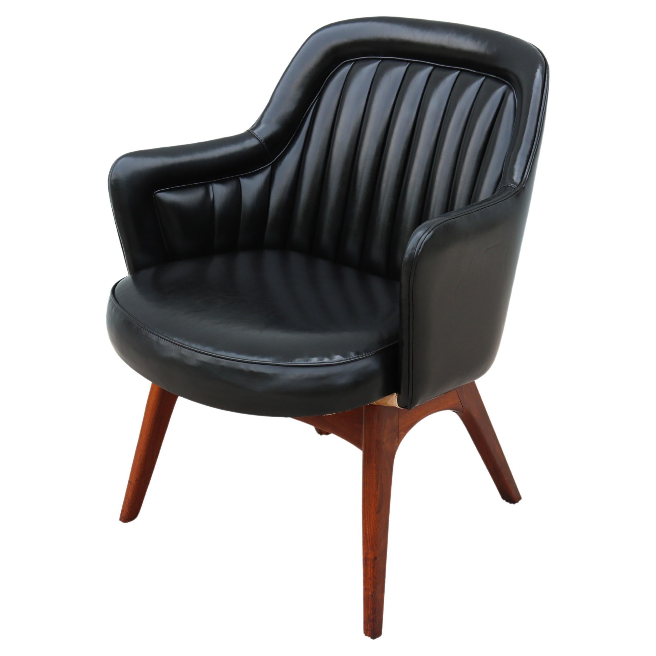 Vintage Mid-Century Modern Black Naugahyde and Walnut Executive Armchair