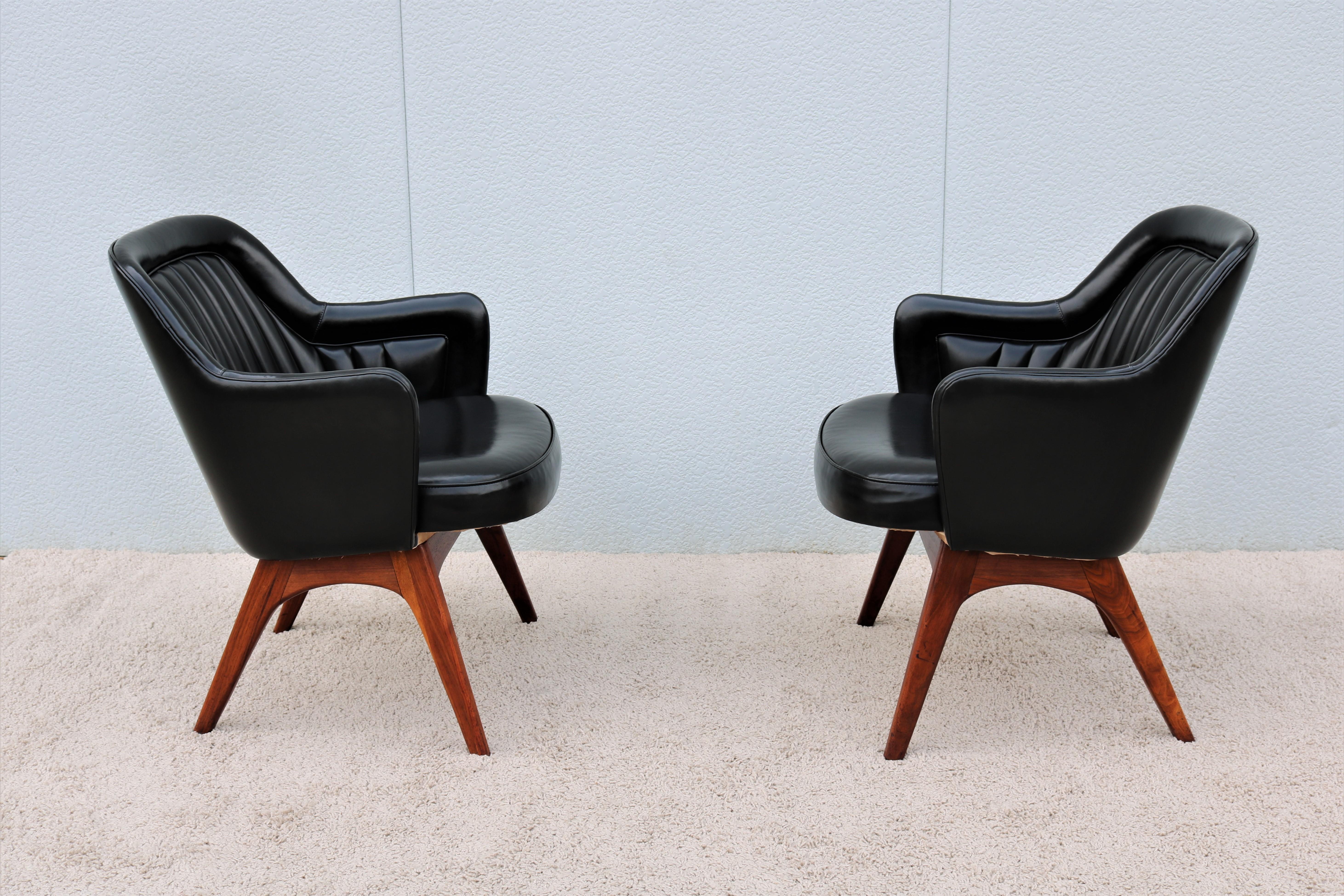 Vintage Mid-Century Modern Black Naugahyde and Walnut Executive Armchairs a Pair 1