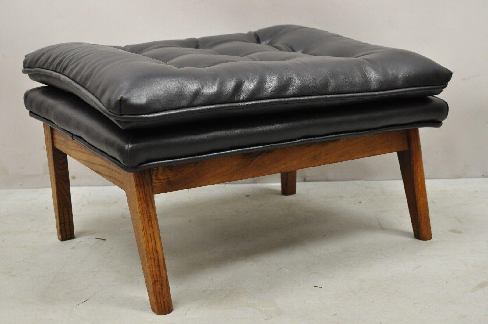 Vintage Mid-Century Modern Black Tufted Vinyl Lounge Chair Footstool Ottoman 5