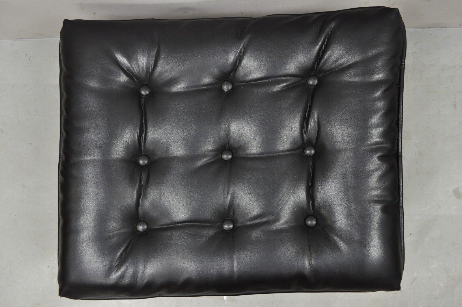 Vintage Mid-Century Modern Black Tufted Vinyl Lounge Chair Footstool Ottoman In Good Condition In Philadelphia, PA