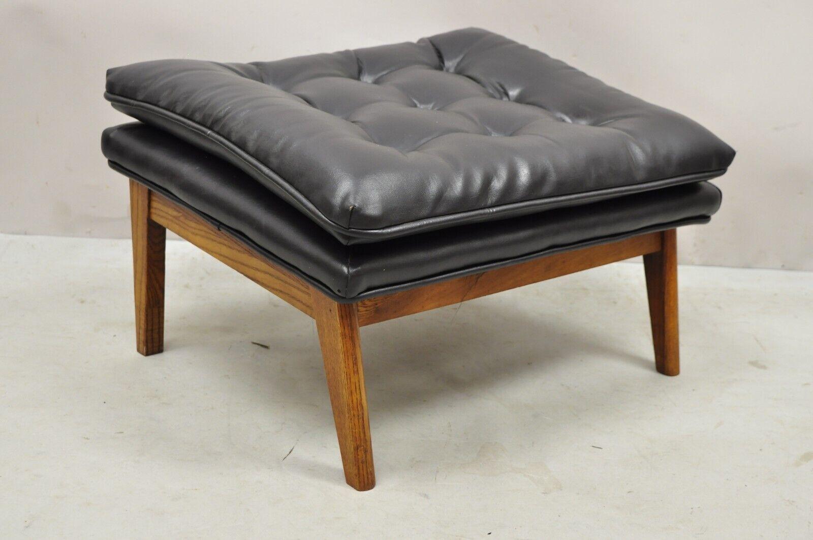 20th Century Vintage Mid-Century Modern Black Tufted Vinyl Lounge Chair Footstool Ottoman