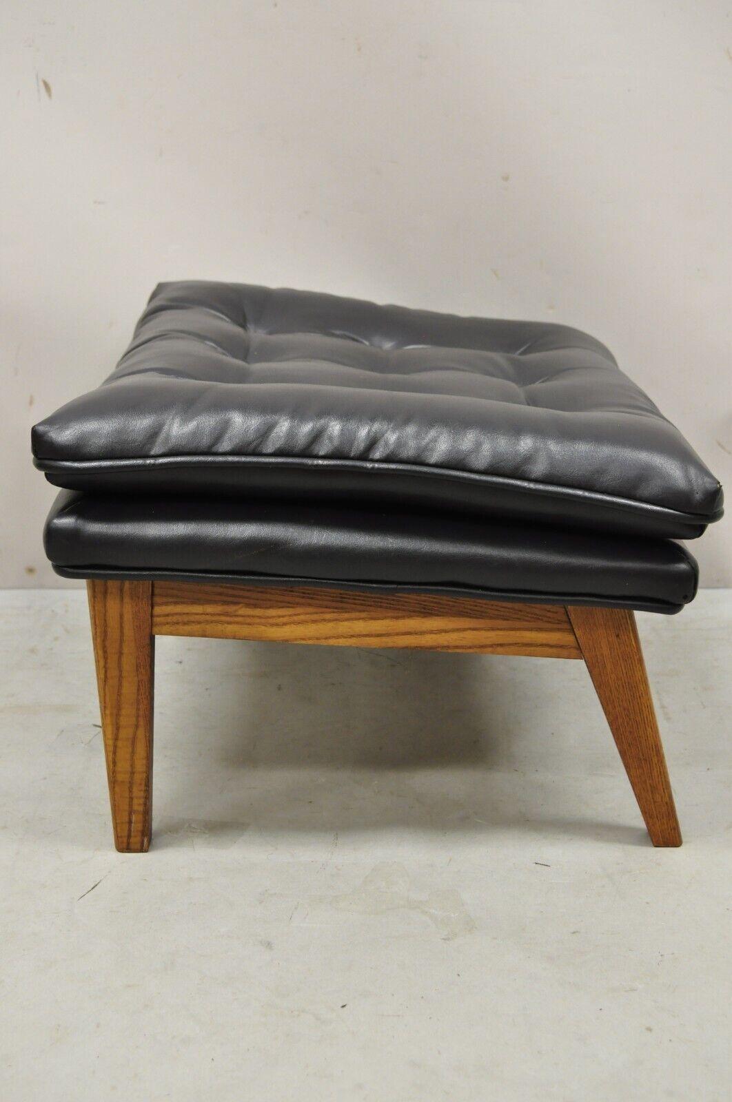 Wood Vintage Mid-Century Modern Black Tufted Vinyl Lounge Chair Footstool Ottoman
