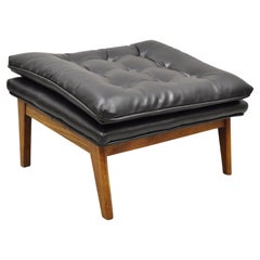 Vintage Mid-Century Modern Black Tufted Vinyl Lounge Chair Footstool Ottoman