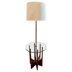 Vintage Mid-Century Modern Black Walnut and Brass Floor Lamp with Table