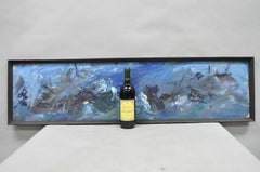 Vintage Mid Century Modern Blue Abstract Acrylic on Board Painting Artist Signed
