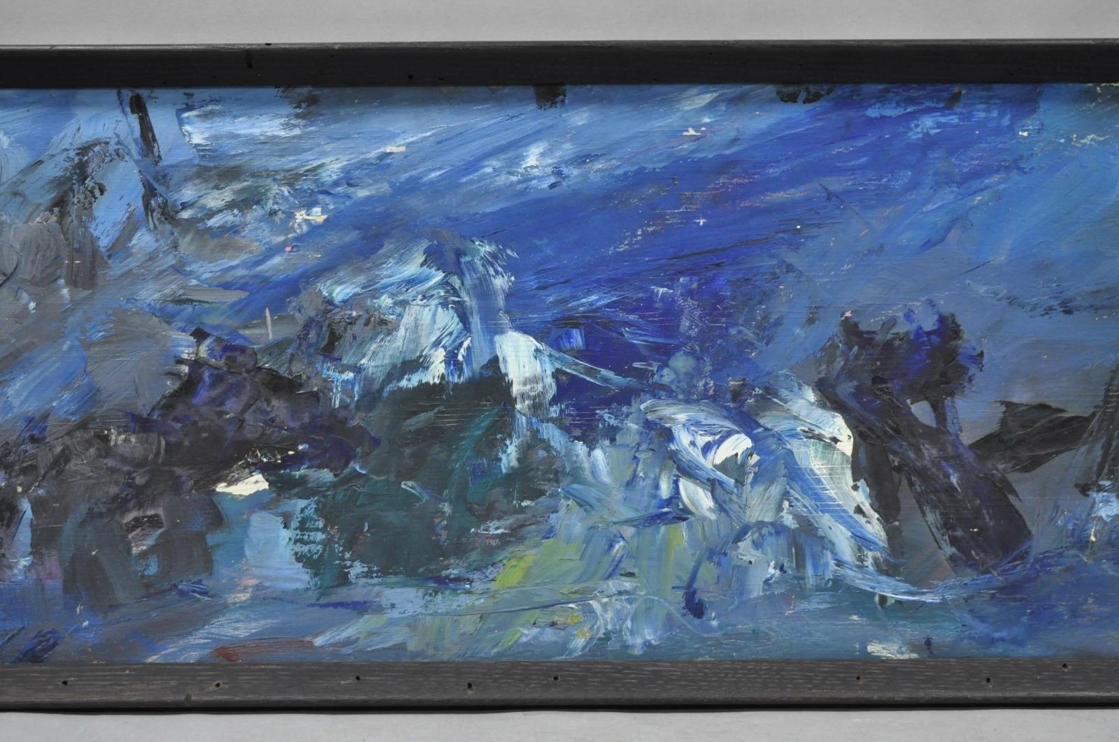 Vintage Mid Century Modern Blue Acrilico astratto su tavola Pittura firmata dall'artista In condizioni buone in vendita a Philadelphia, PA