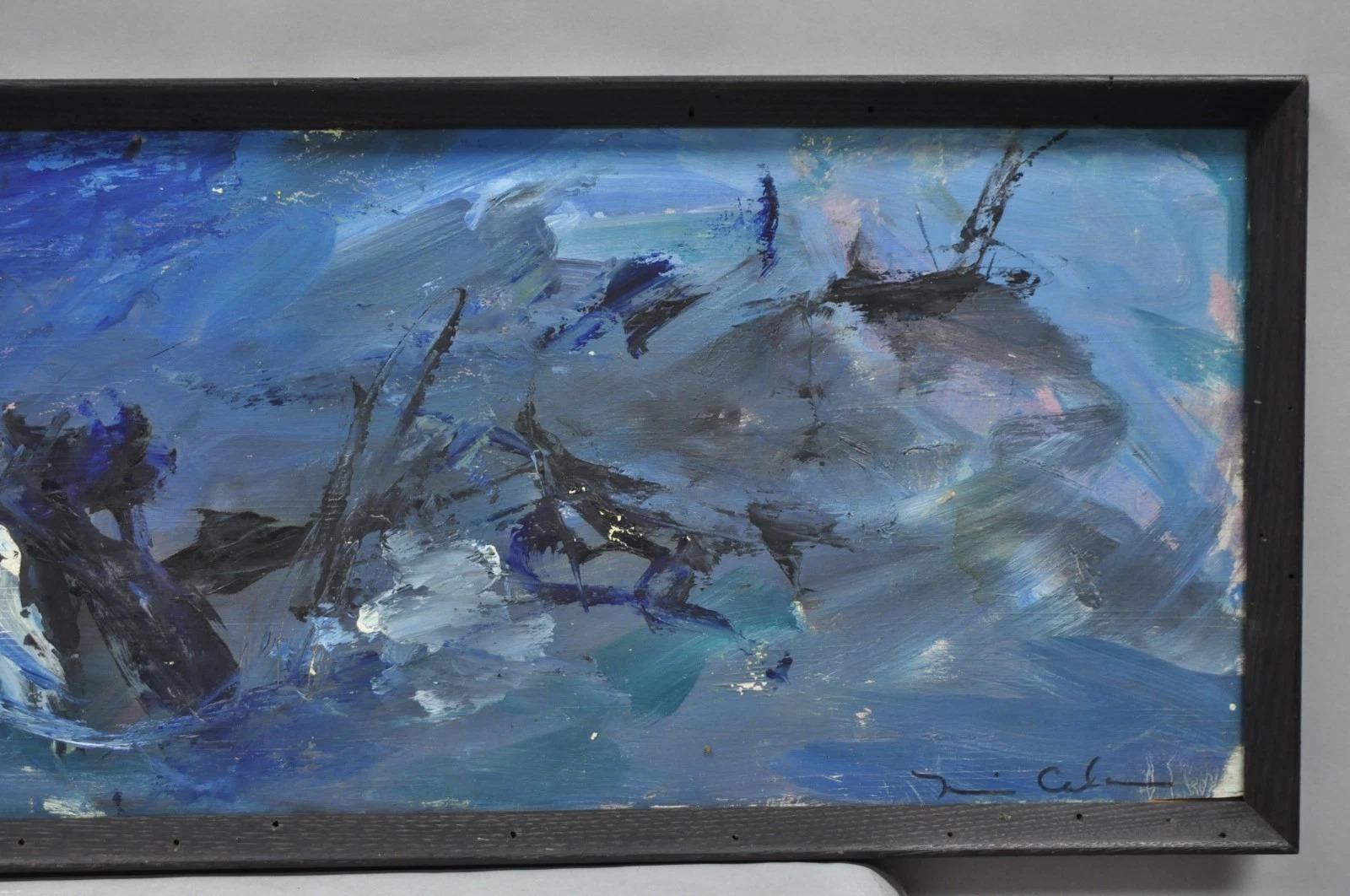 XX secolo Vintage Mid Century Modern Blue Acrilico astratto su tavola Pittura firmata dall'artista in vendita