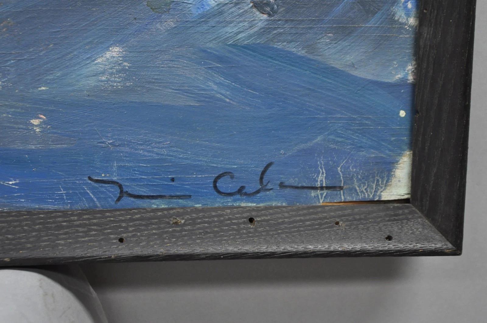 Vintage Mid Century Modern Blue Acrilico astratto su tavola Pittura firmata dall'artista in vendita 1