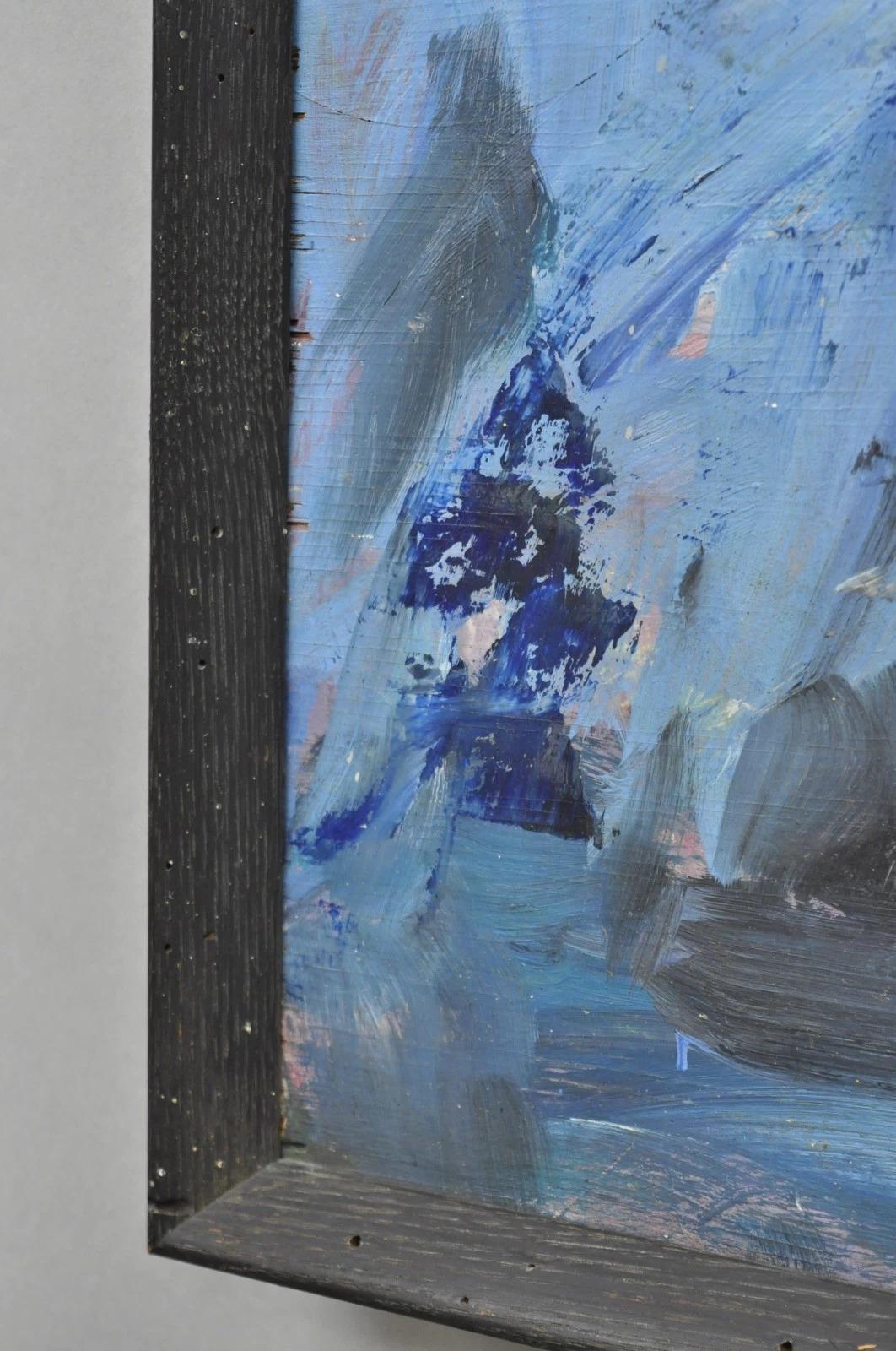 Vintage Mid Century Modern Blue Acrilico astratto su tavola Pittura firmata dall'artista in vendita 2