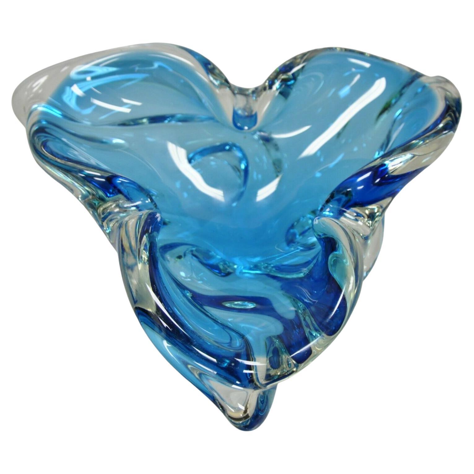 Vintage Mid-Century Modern Blue Blown Glass Trefoil Murano Style Bowl Dish For Sale