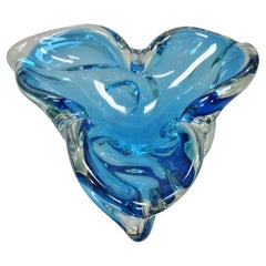 Vintage Mid-Century Modern Blue Blown Glass Trefoil Murano Style Bowl Dish