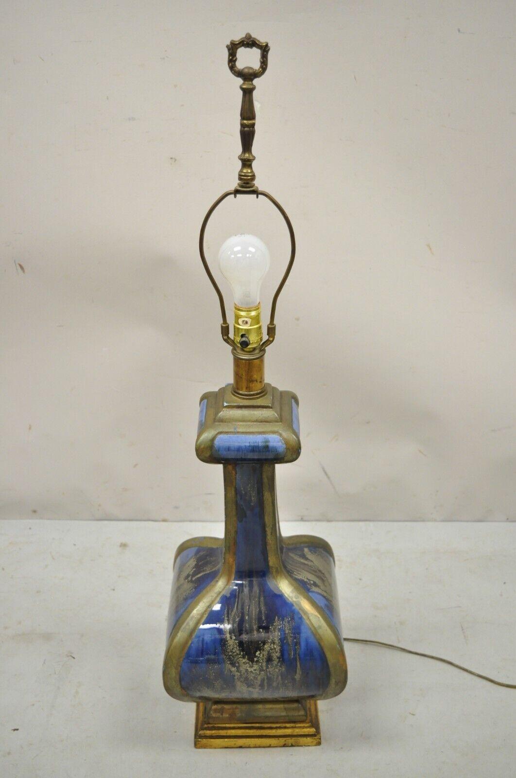Vintage Mid-Century Modern Blue Drip Glaze Ceramic Pottery Table Lamp For Sale 4