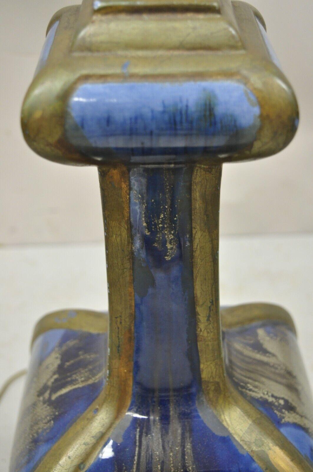 Vintage Mid-Century Modern Blue Drip Glaze Ceramic Pottery Table Lamp For Sale 1