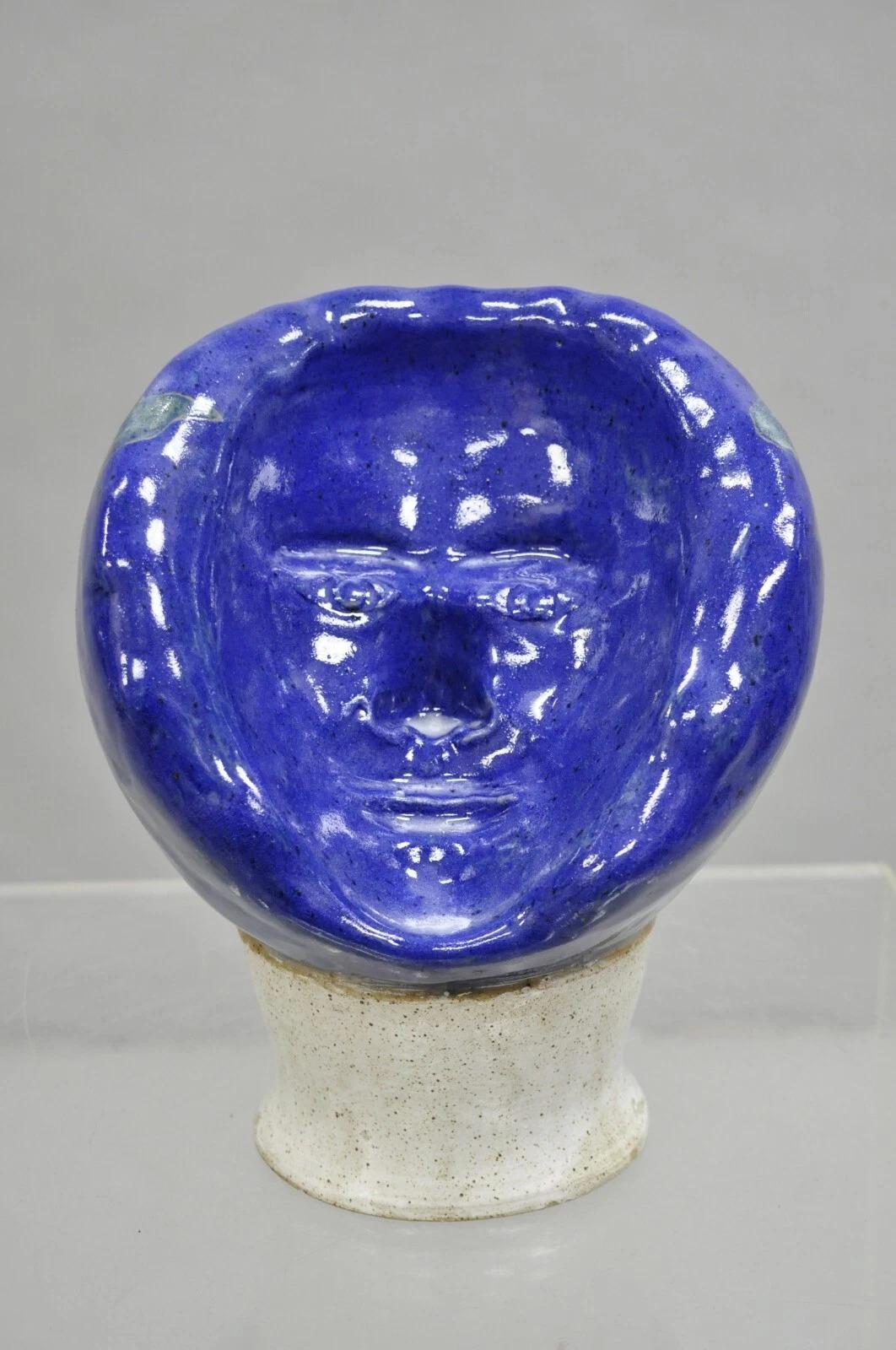 Vintage Mid Century Modern Blue Glazed Ceramic Pottery World Globe 