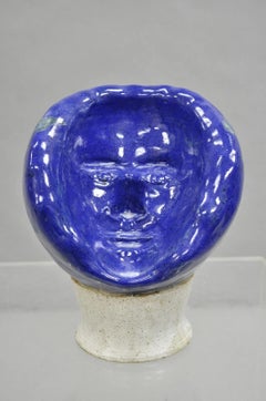 Vintage Mid Century Modern Blue Glaze Ceramic Pottery World Globe Face Sculpture