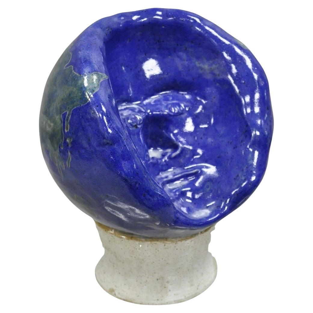 Vintage Mid Century Modern Blue Glaze Ceramic Pottery World Globe Face Sculpture