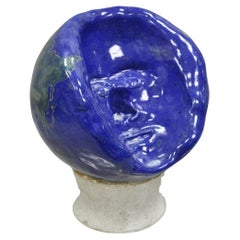 Vintage Mid Century Modern Blue Glaze Ceramic Pottery World Globe Face Sculpture