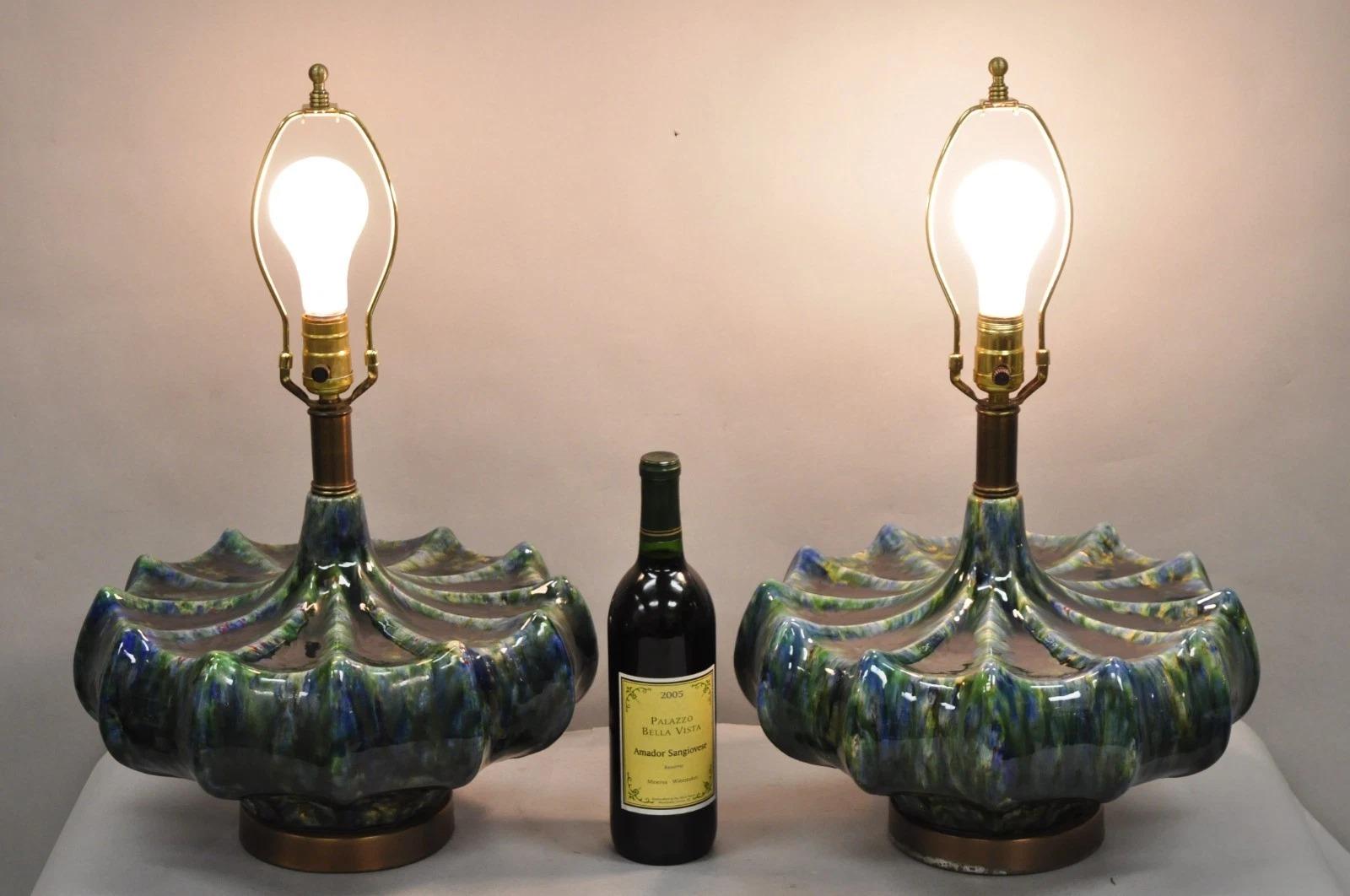 Vintage Mid Century Modern Blue and Green Sculpted Ceramic Atomic Era Drip Glazed Table Lamps by Modernera - a Pair. Circa Mid 20th Century. Dimensions : 22
