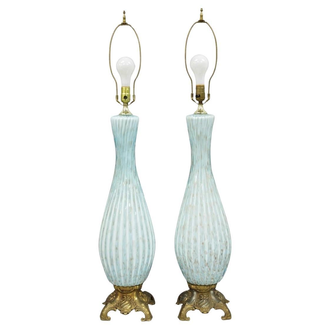 Vintage Mid Century Modern Blue Italian Murano Glass Gold Bubble Table Lamp Pair