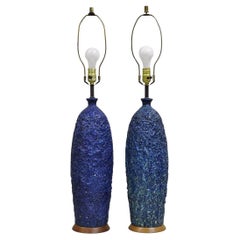 Paire de lampes de bureau vintage en céramique bleue émaillée de lave, mi-siècle moderne