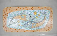 Vintage Mid-Century Modern Blue Mosaic Tile Top Coffee Table Fish and Bubbles