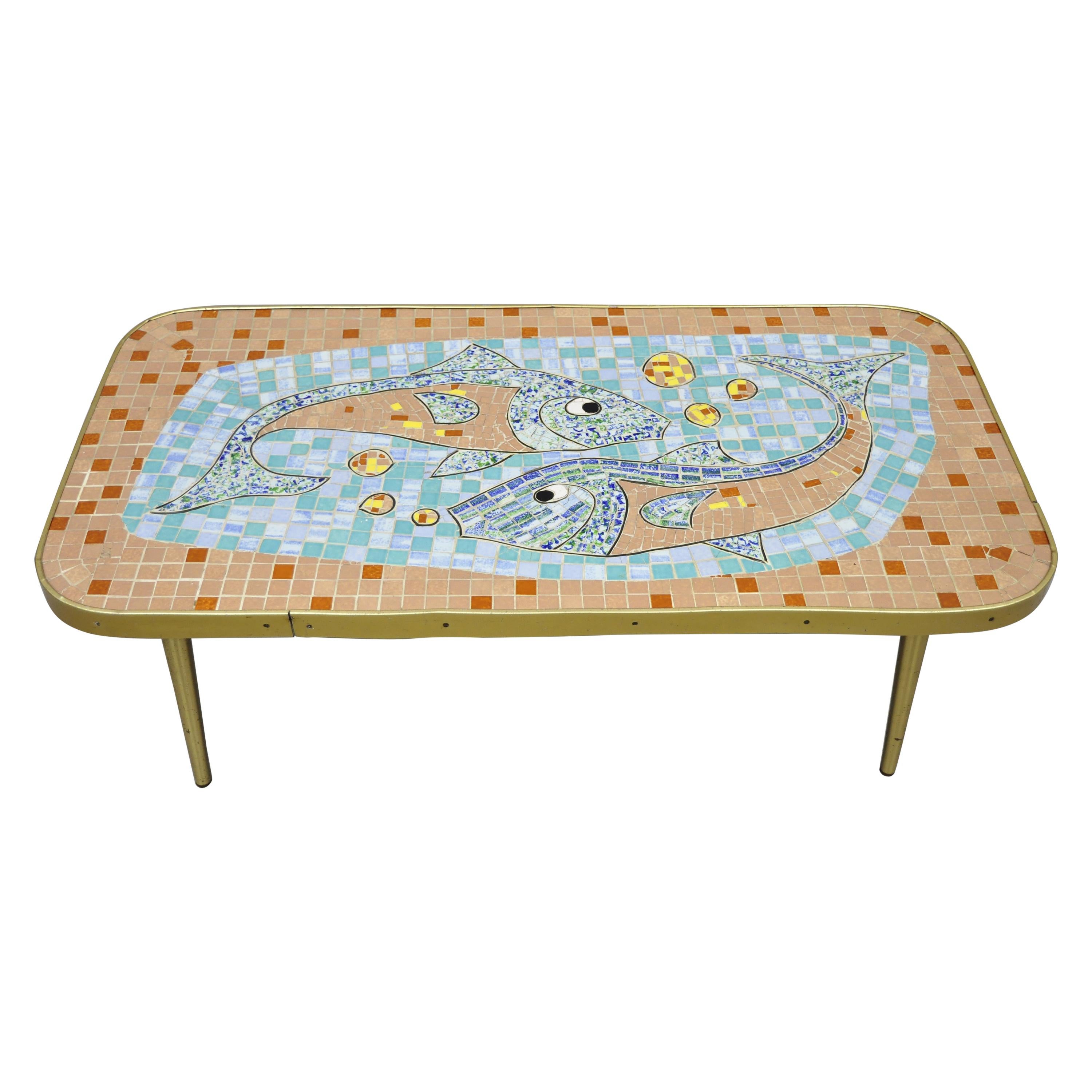 Vintage Mid-Century Modern Blue Mosaic Tile Top Coffee Table Fish and Bubbles