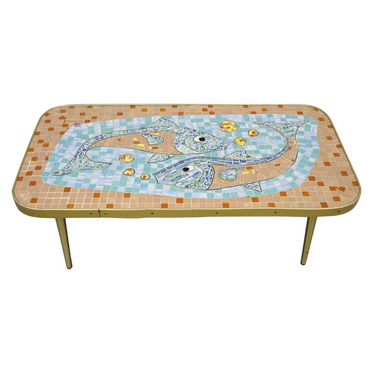 Vintage Mid Century Modern Blue Mosaic Tile Top Coffee Table Fish And Bubbles For Sale At 1stdibs