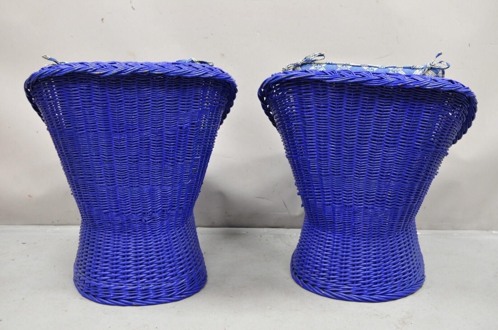 Vintage Mid Century Modern Blue Painted Wicker Rattan Pod Club Chairs - a Pair For Sale 5