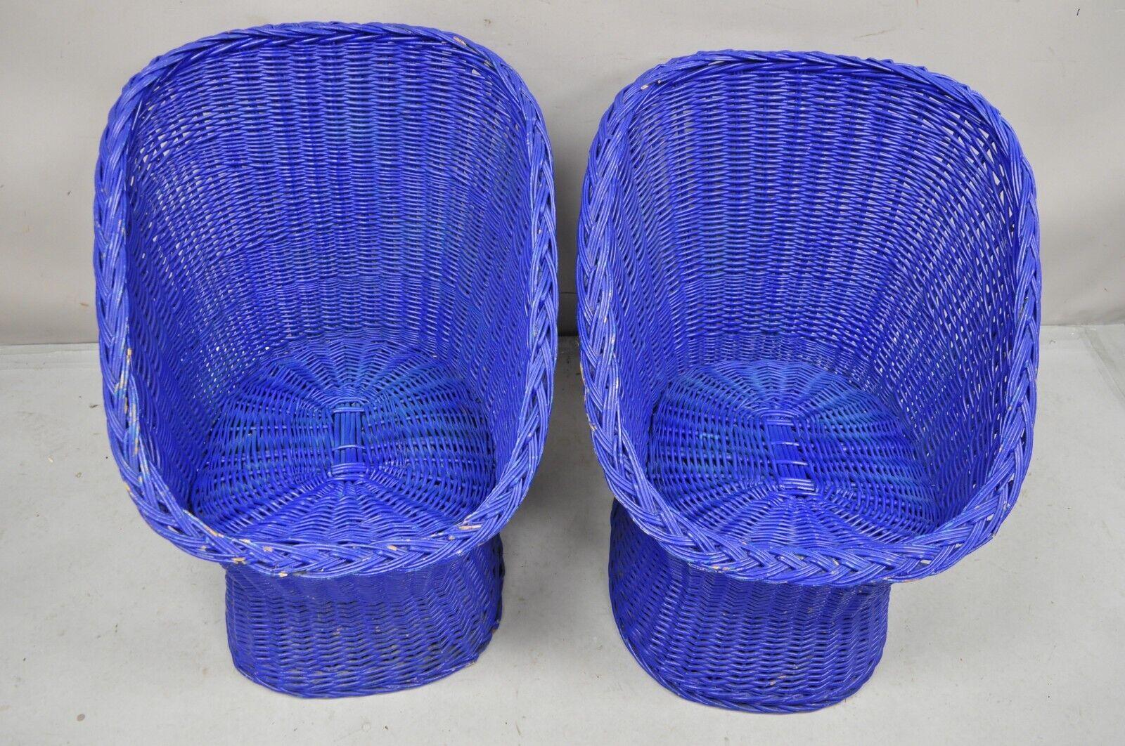 Vintage Mid Century Modern Blue Painted Wicker Rattan Pod Club Chairs - a Pair For Sale 6