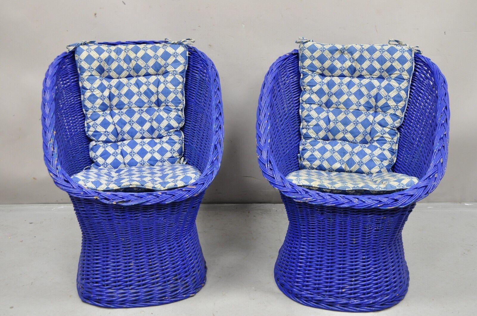 Vintage Mid Century Modern Blue Painted Wicker Rattan Pod Club Chairs - a Pair. Circa Mid 20th Century. Measurements: 31