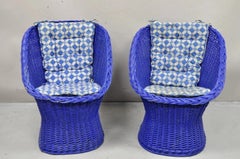 Vintage Mid Century Modern Blue Painted Wicker Rattan Pod Club Chairs - a Pair