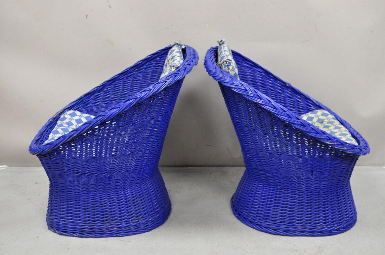 Mid-Century Modern Vintage Mid Century Modern Blue Painted Wicker Rattan Pod Club Chairs - a Pair For Sale