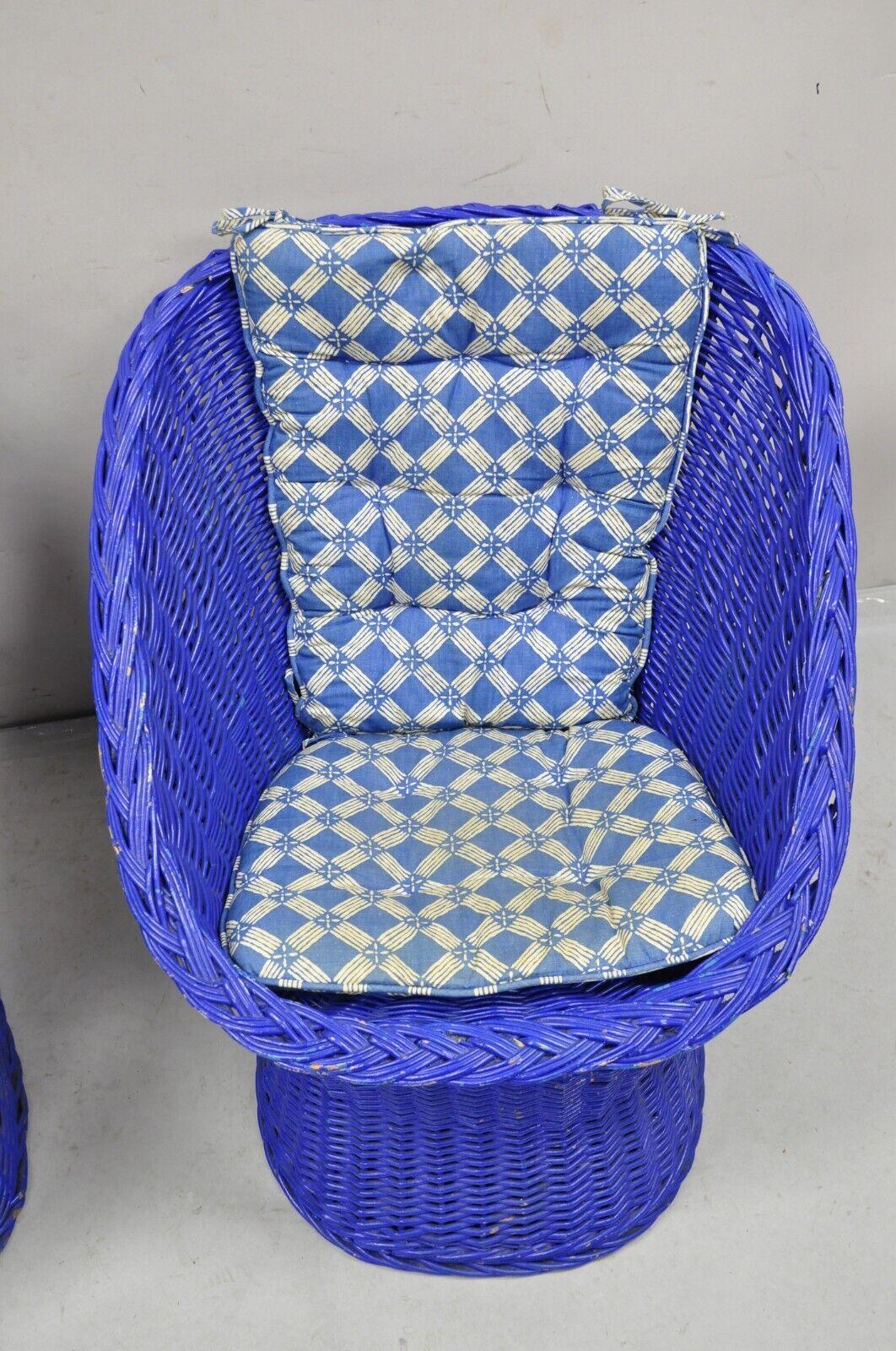 20th Century Vintage Mid Century Modern Blue Painted Wicker Rattan Pod Club Chairs - a Pair For Sale
