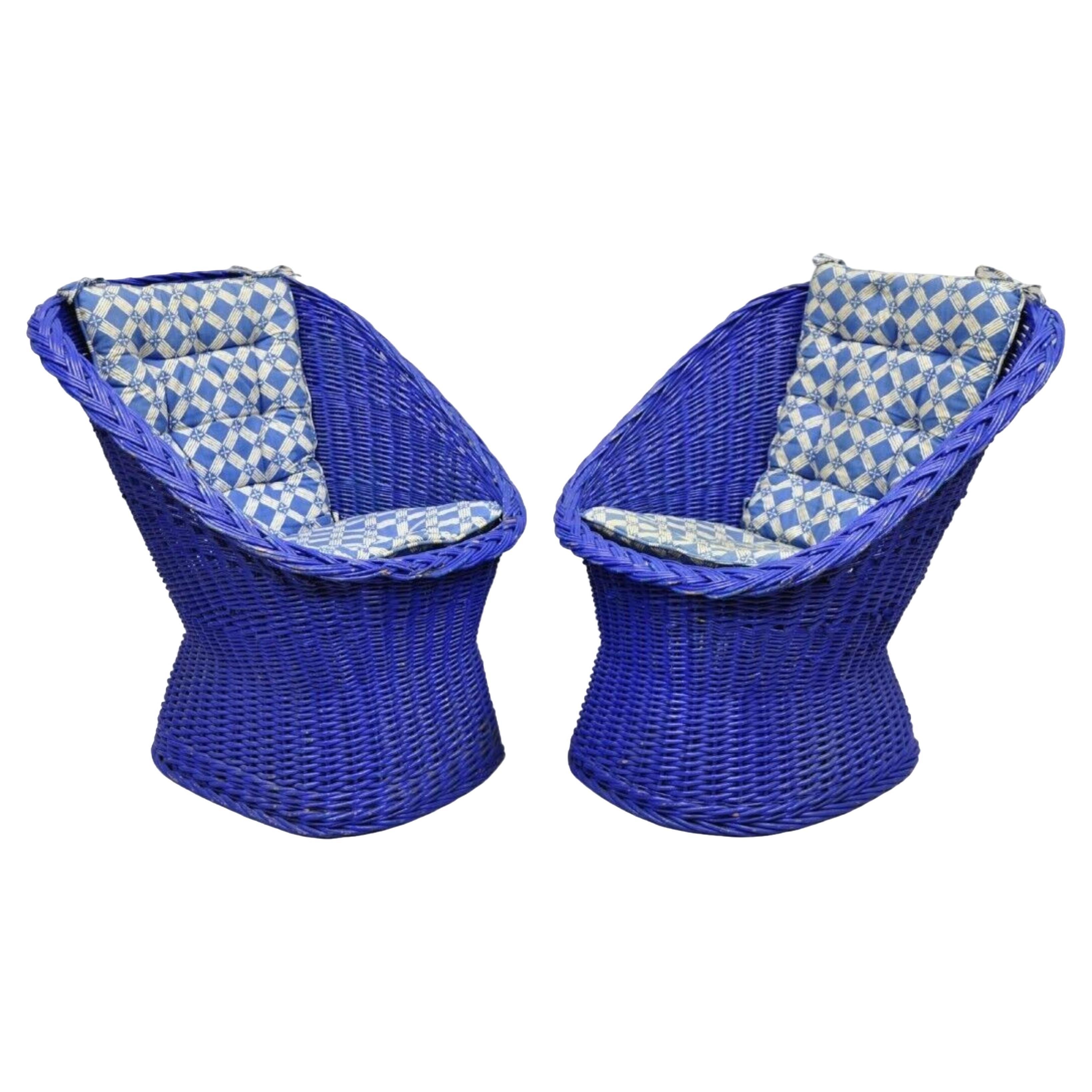 Vintage Mid Century Modern Blue Painted Wicker Rattan Pod Club Chairs - a Pair For Sale