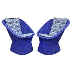 Vintage Mid Century Modern Blue Painted Wicker Rattan Pod Club Chairs - a Pair