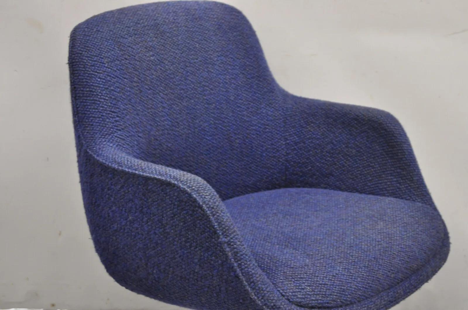 Mid-Century Modern Vintage Mid Century Modern Blue Upholstered Chrome Swivel Base Club Arm Chair For Sale