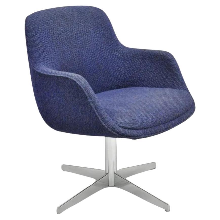 Vintage Mid Century Modern Blue Upholstered Chrome Swivel Base Club Arm Chair For Sale