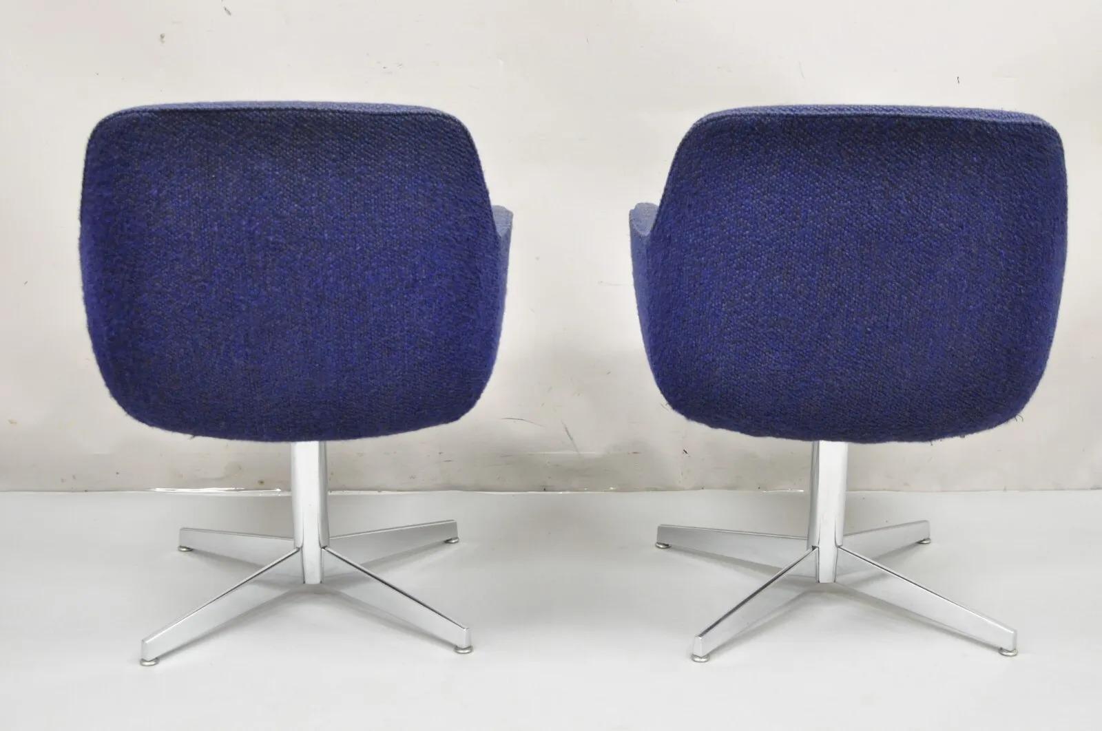 Vintage Mid Century Modern Blue Upholstered Chrome Swivel Base Club Chair - Pair For Sale 4